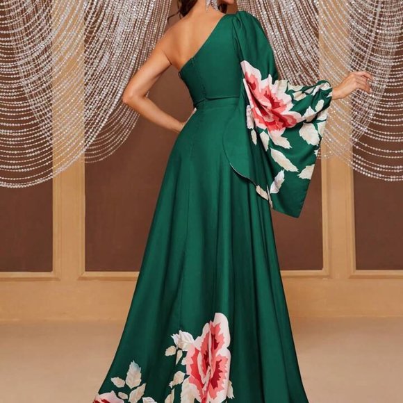 Floral Print One Shoulder Lantern Sleeve Split Thigh Dress - Picture 2 of 2